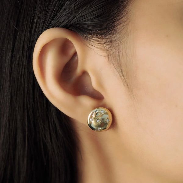 Gold Button Earring Studs with Star Accents