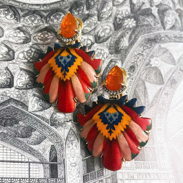 Marquetry Earrings with Diamond and Fire Opal