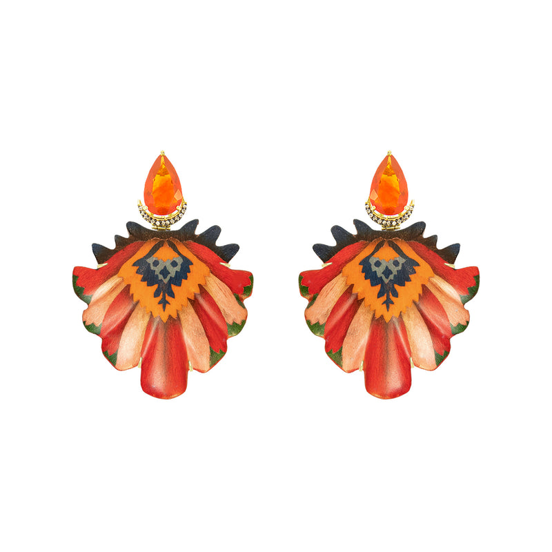 Marquetry Earrings with Diamond and Fire Opal